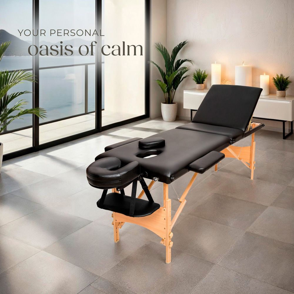 Massage Table - 3-zone bed, wooden frame, bolsters, carry bag, head & armrests - Black Image 2