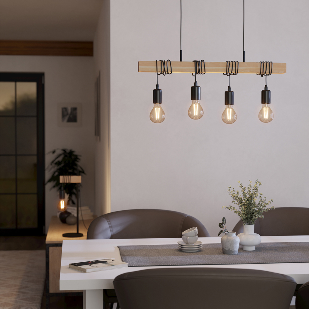 EGLO Townshend 4 Light Black and Wood Effect Industrial Table Lamp with Exposed Bulbs Image 2
