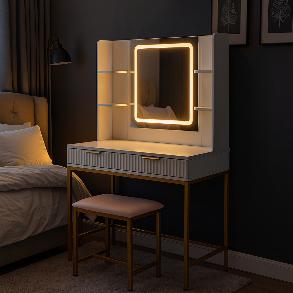 Kosy Koala Annabelle 2 Drawer 4 Shelf White and Gold Dressing Table Set with LED Mirror Image 3