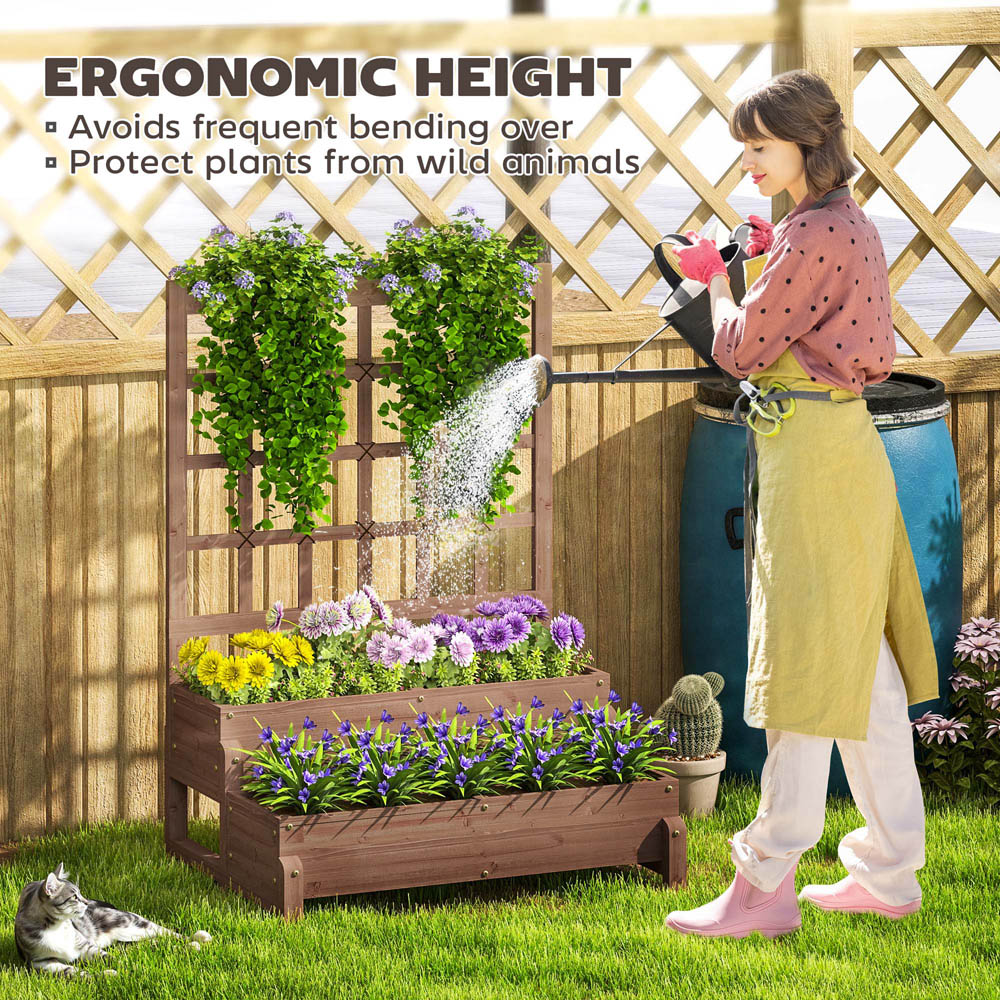 Outsunny 2 Tier Brown Wooden Raised Bed with Trellis Image 6