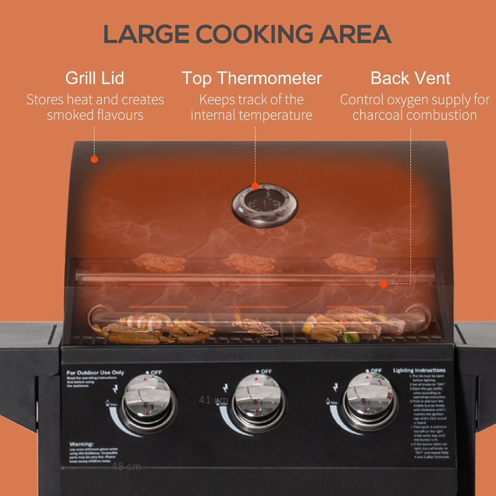 Outsunny Black 3 Burner Gas BBQ Grill with Side Shelves Image 5
