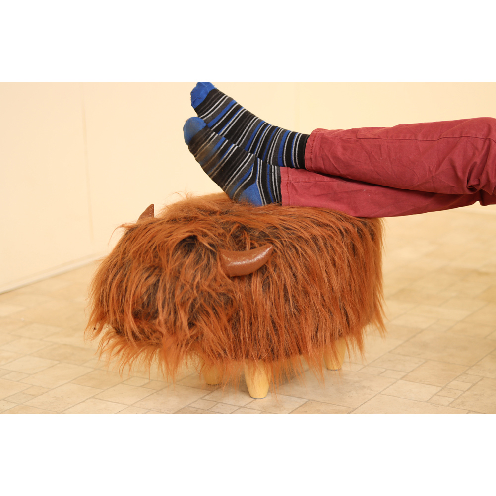 Gardeco Fergus The Highland Cow Dark Brown Synthetic Fur Footstool Image 7