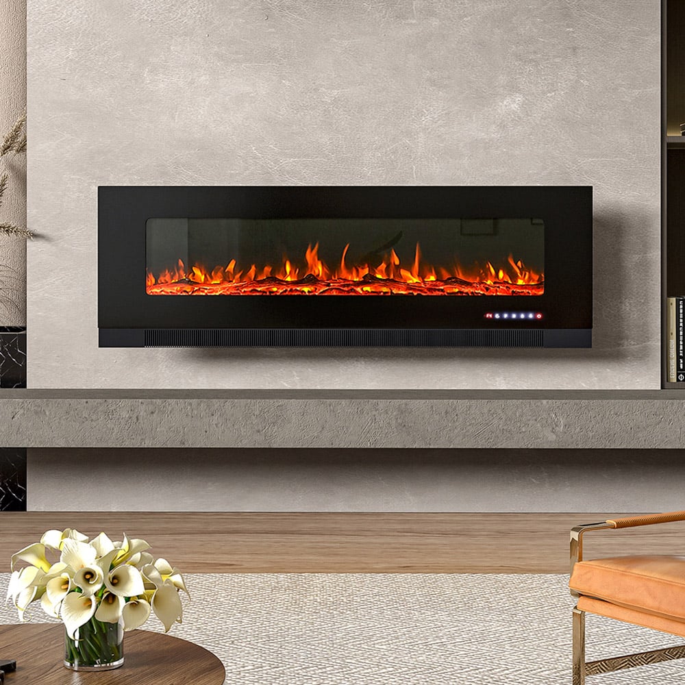Living and Home Wall Mounted Recessed Electric Fireplace with Faux Log and Pebble Accents 60 inch Image 2