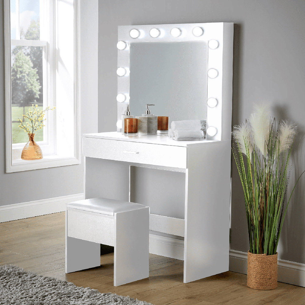 Home Source Ella White LED Lights Mirror Dressing Table with Stool Image 8
