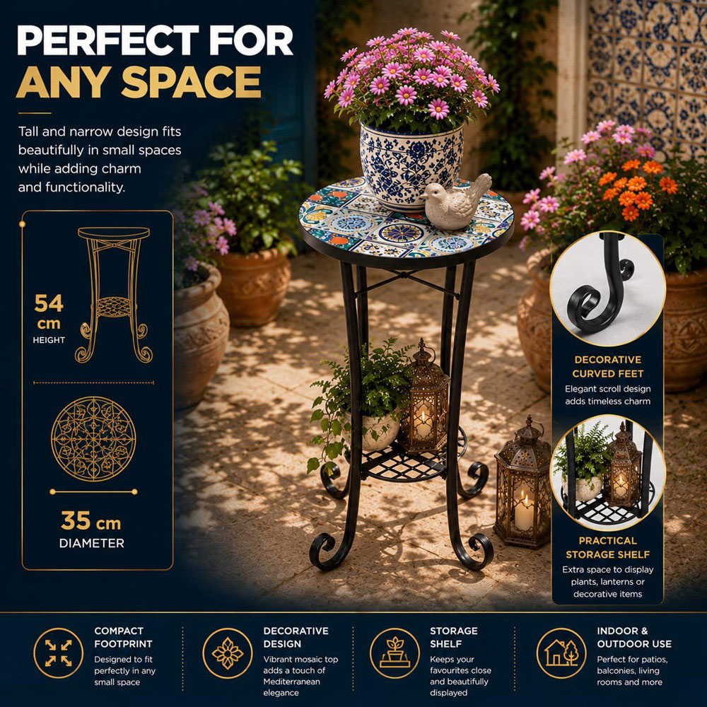 Shatchi Lisbon 2-in-1 Single Shelf Mosaic Ceramic Tile Top Plant Stand Side Table Image 9