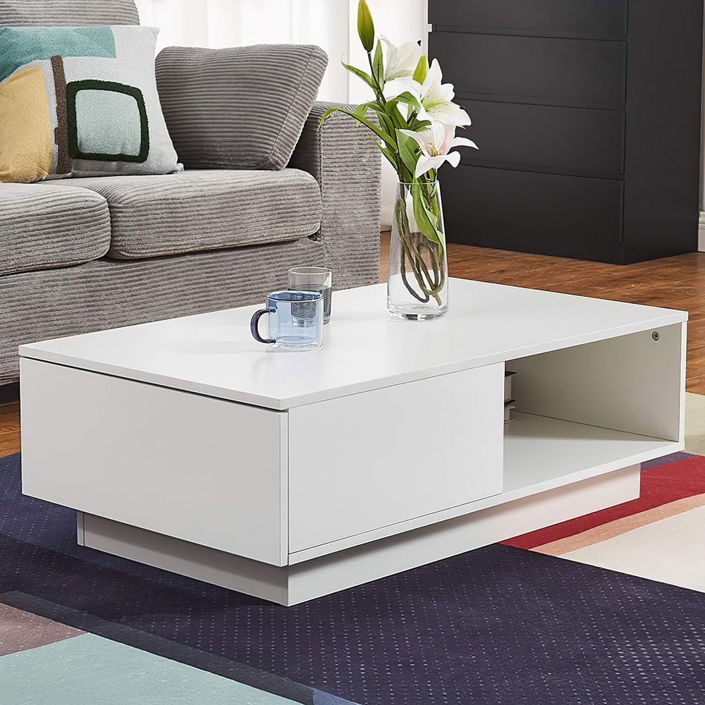 Comfy Living Single Shelf Single Drawer White High Gloss Contemporary LED Coffee Table Image 1