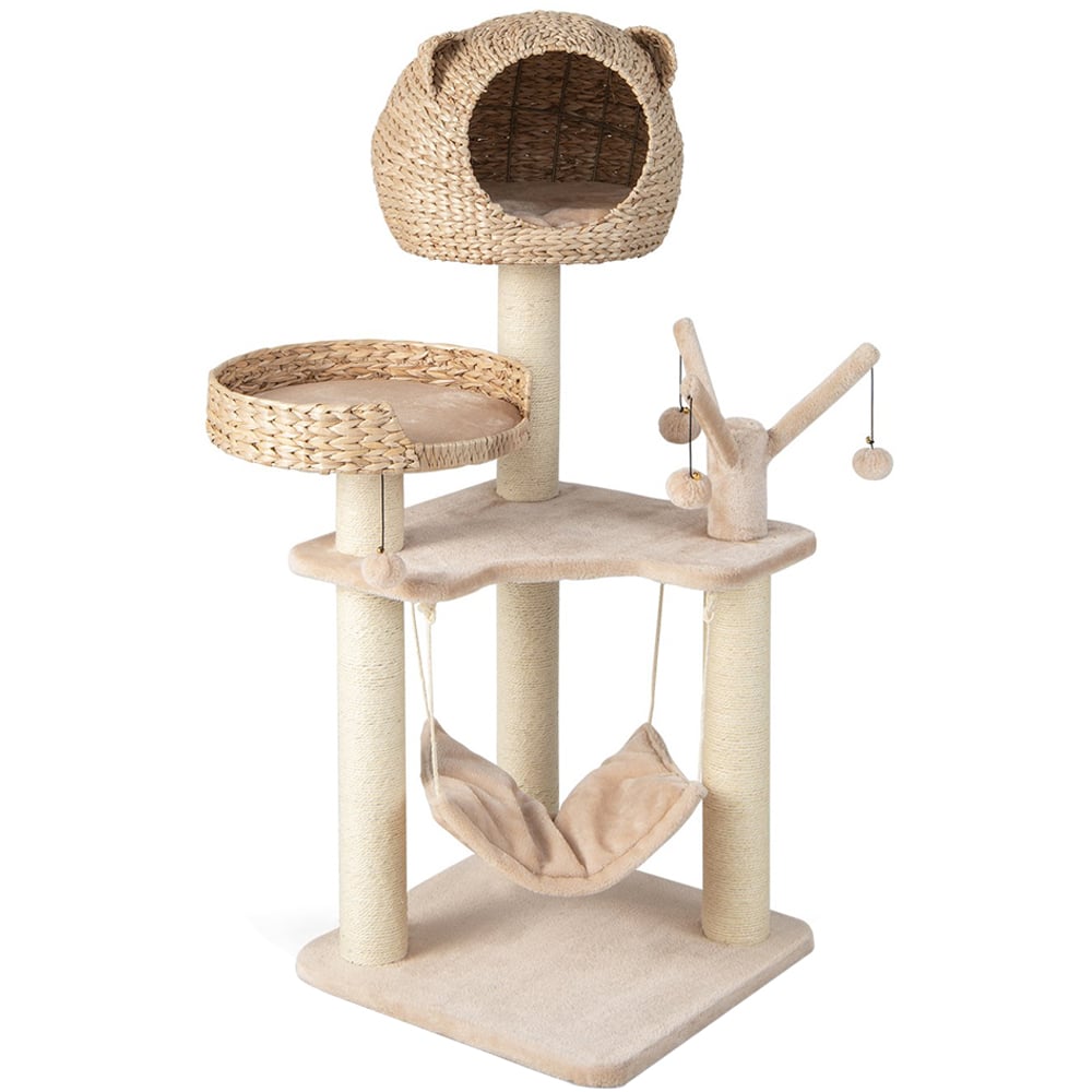 Costway 121cm Natural Cat Tree Scratcher with Cattail Fluff Condo Image 1