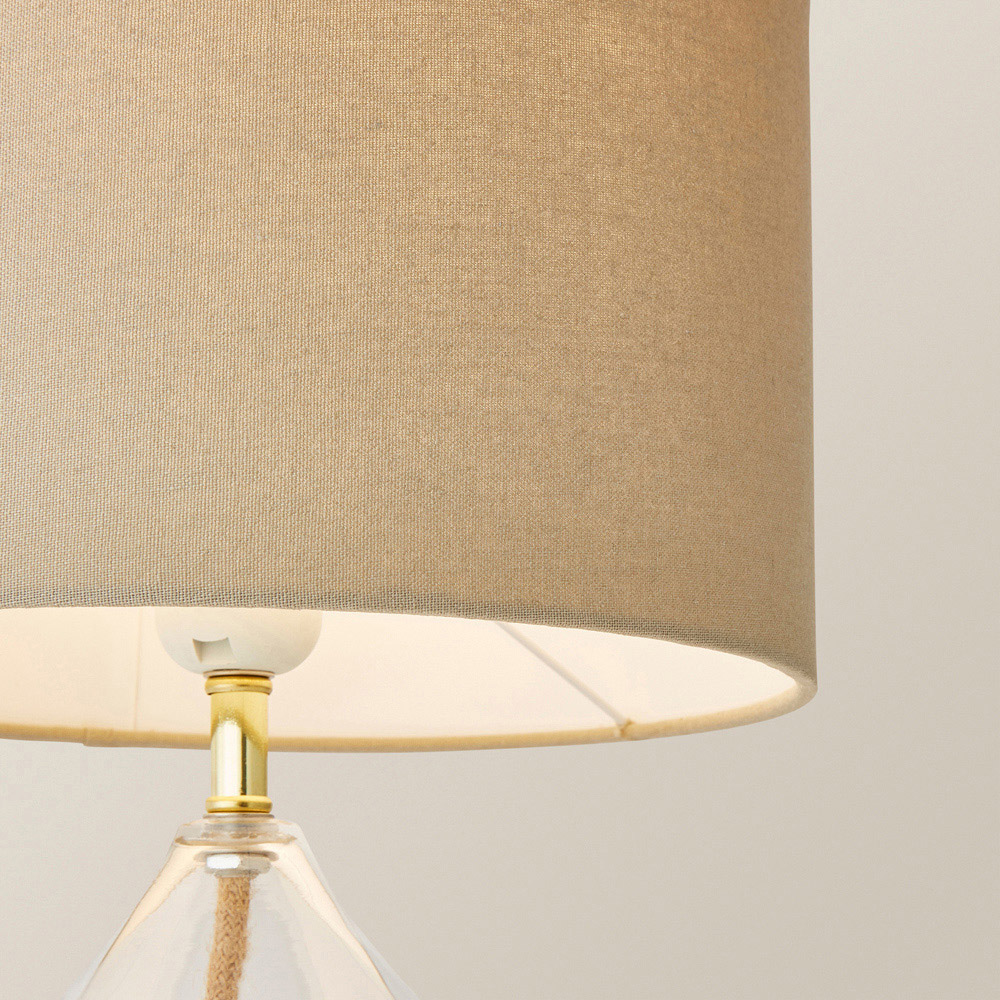 ValueLights Eloise Natural Linen Drum Shade Clear Glass Teardrop LED Table Lamp Image 3