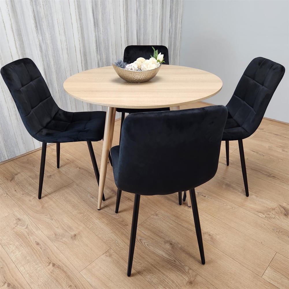 Portland 4 Seater Velvet Round Dining Set Wood Effect and Black Image 1