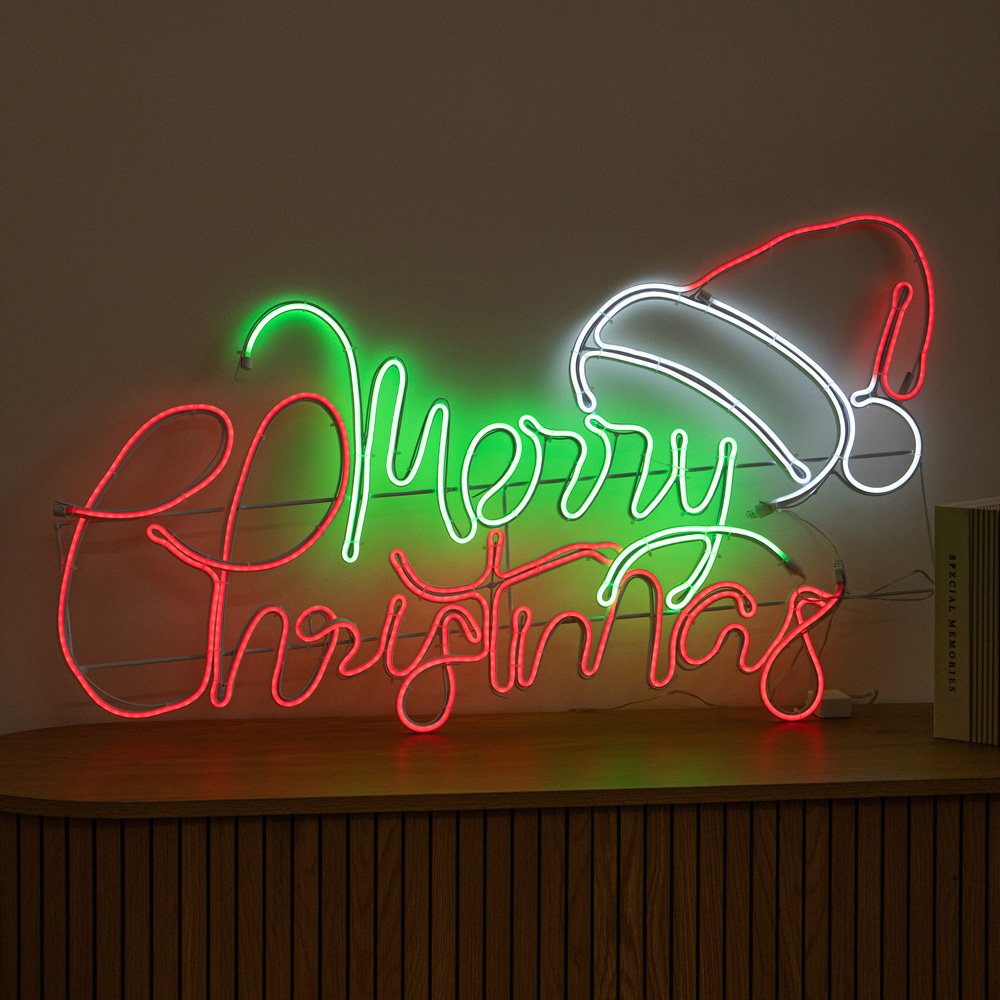 Samuel Alexander Multicolour LED Light-Up Neon Merry Christmas with Flashing Santa Hat Sign 94cm Image 1