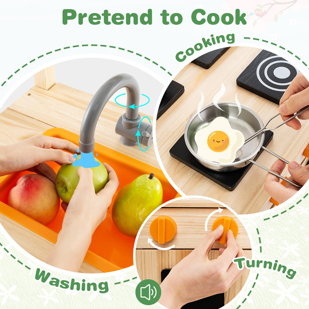 Costway Kids Natural Outdoor Wooden Kitchen Play Set with Canopy and 4 Stoves Image 3