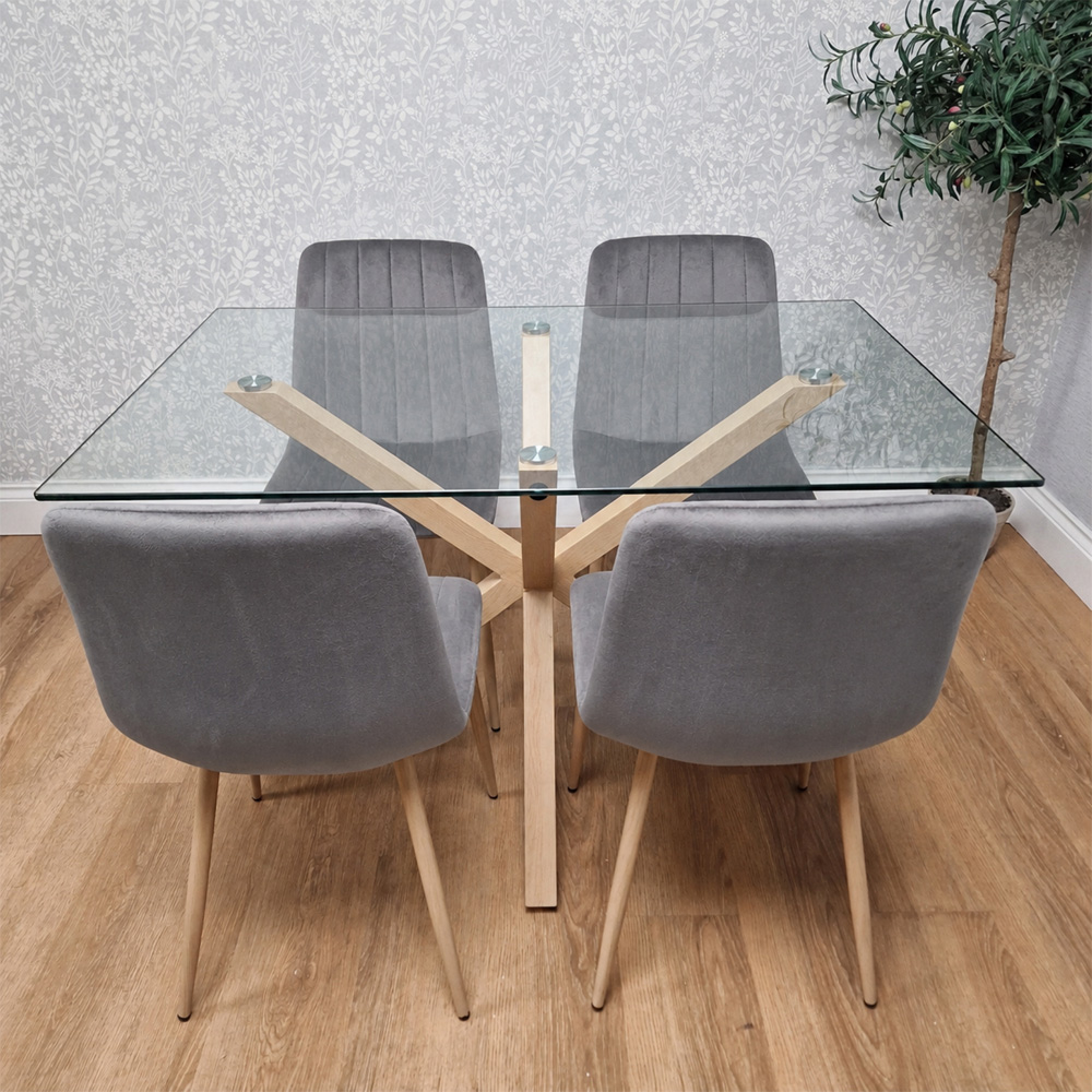Kosy Koala 4 Seater Tempered Glass Velvet Dining Set Grey Image 2