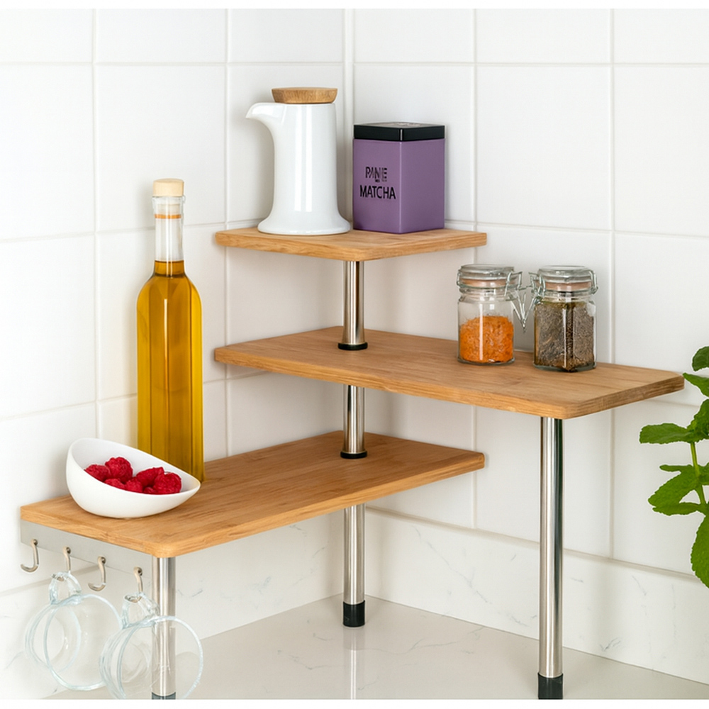 Avilo 3 Shelf Wooden Freestanding Corner Kitchen Etagere with 4 Hanging Hooks Image 5