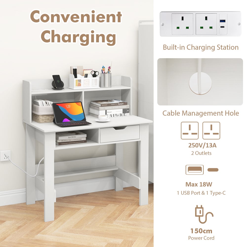 Costway Single Drawer 4 Shelf Computer Desk with USB Port White Image 5