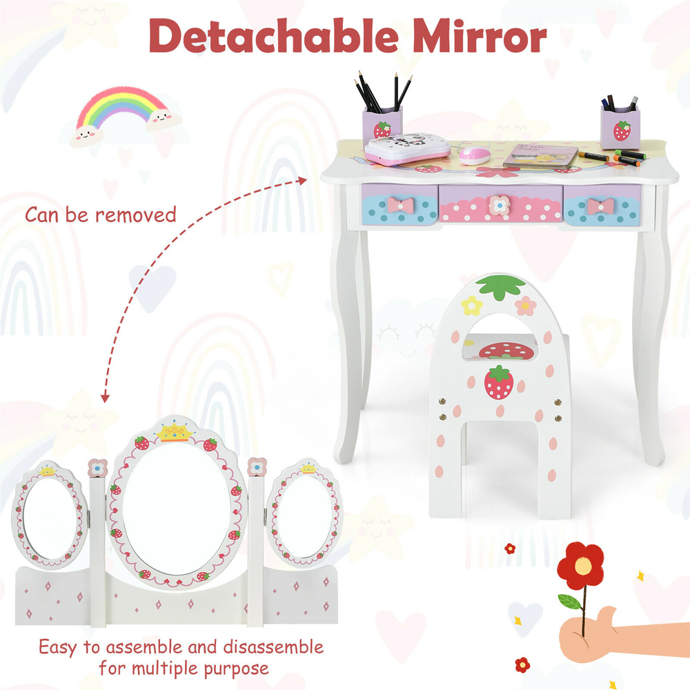 Costway Kids 3 Drawer White Dressing Table and Chair Set with 3 Mirrors Image 7