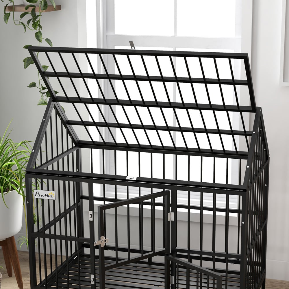 PawHut Black Heavy Duty Dog Crate on Wheels with Tray 122cm Image 3