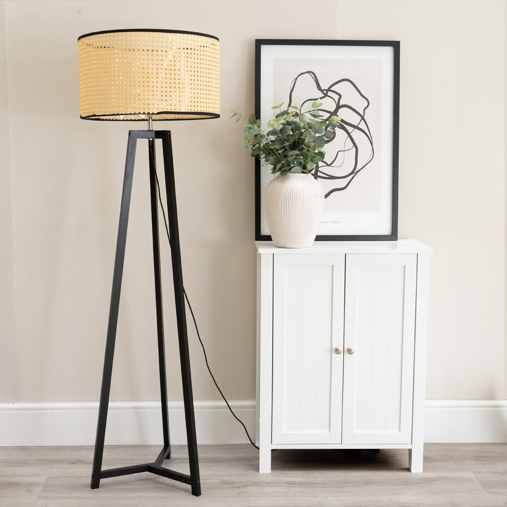 ValueLights Lottie Natural Cane Drum Shade Black Wood Tripod LED Floor Lamp Image 3