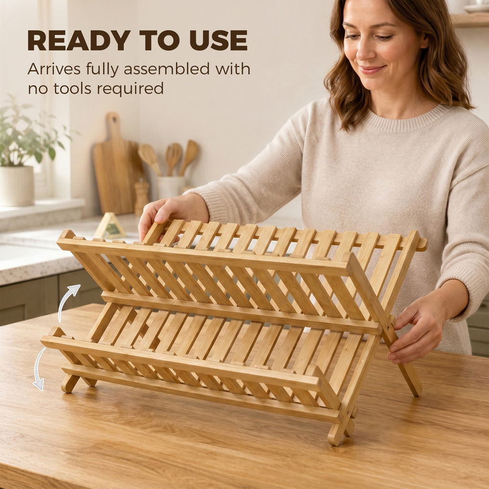 HOMCOM 2-Tier Natural Foldable Kitchen Storage Unit with Slatted Draining Shelves Image 8