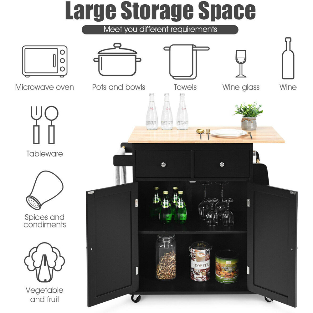 Costway Black Kitchen Island with Rubber Wood Countertop and Storage on Wheels Image 6