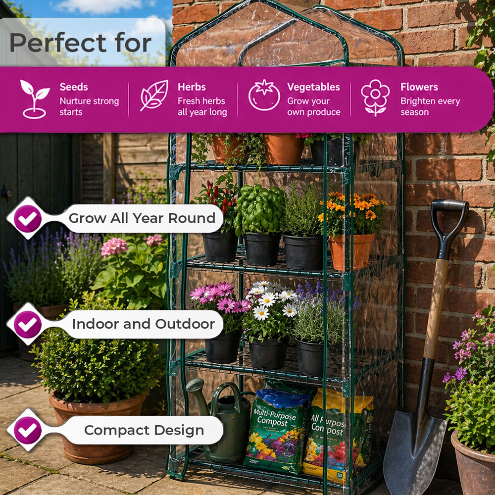Neo 4 Shelf Green Galvanised Steel and PVC 2.3 x 1.6ft Mini Greenhouse Image 5