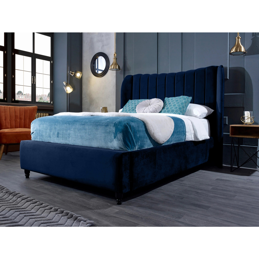 Eleganza Home Carli Super King Size Blue Plush Velvet Bed Frame with Lined Headboard Image 2