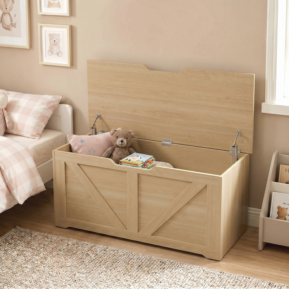 HOMCOM 127L Nature Wood Storage Trunk with Safety Hinges Image 3