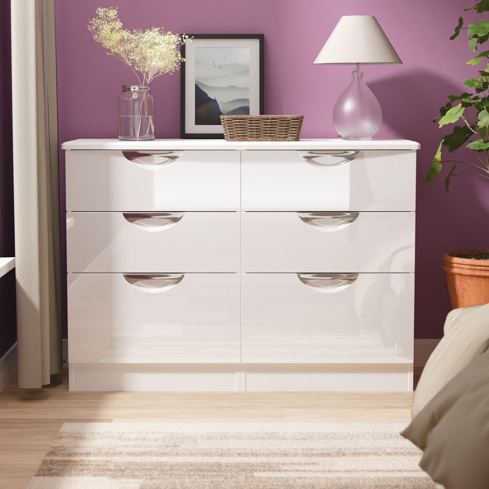 Crowndale Camden 6 Drawer White Gloss and White Wide Chest of Drawers Ready Assembled Image 7