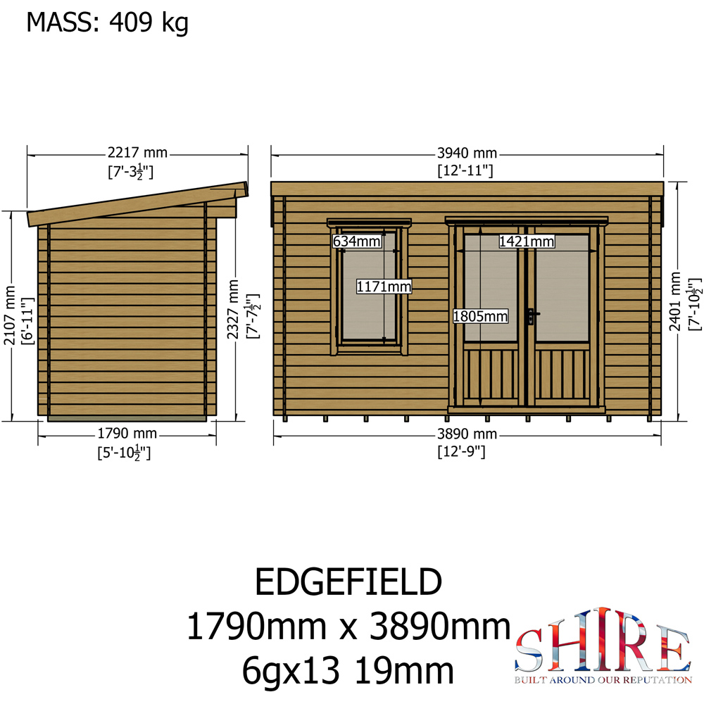 Shire Edgefield 13 x 6ft Apex Garden Log Cabin Image 9