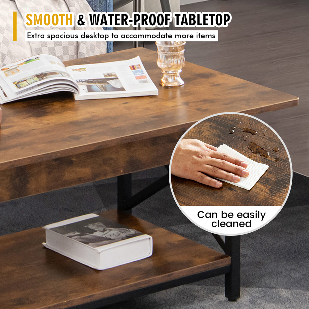 Costway Single Shelf Rustic Brown Industrial Style Coffee Table Image 8