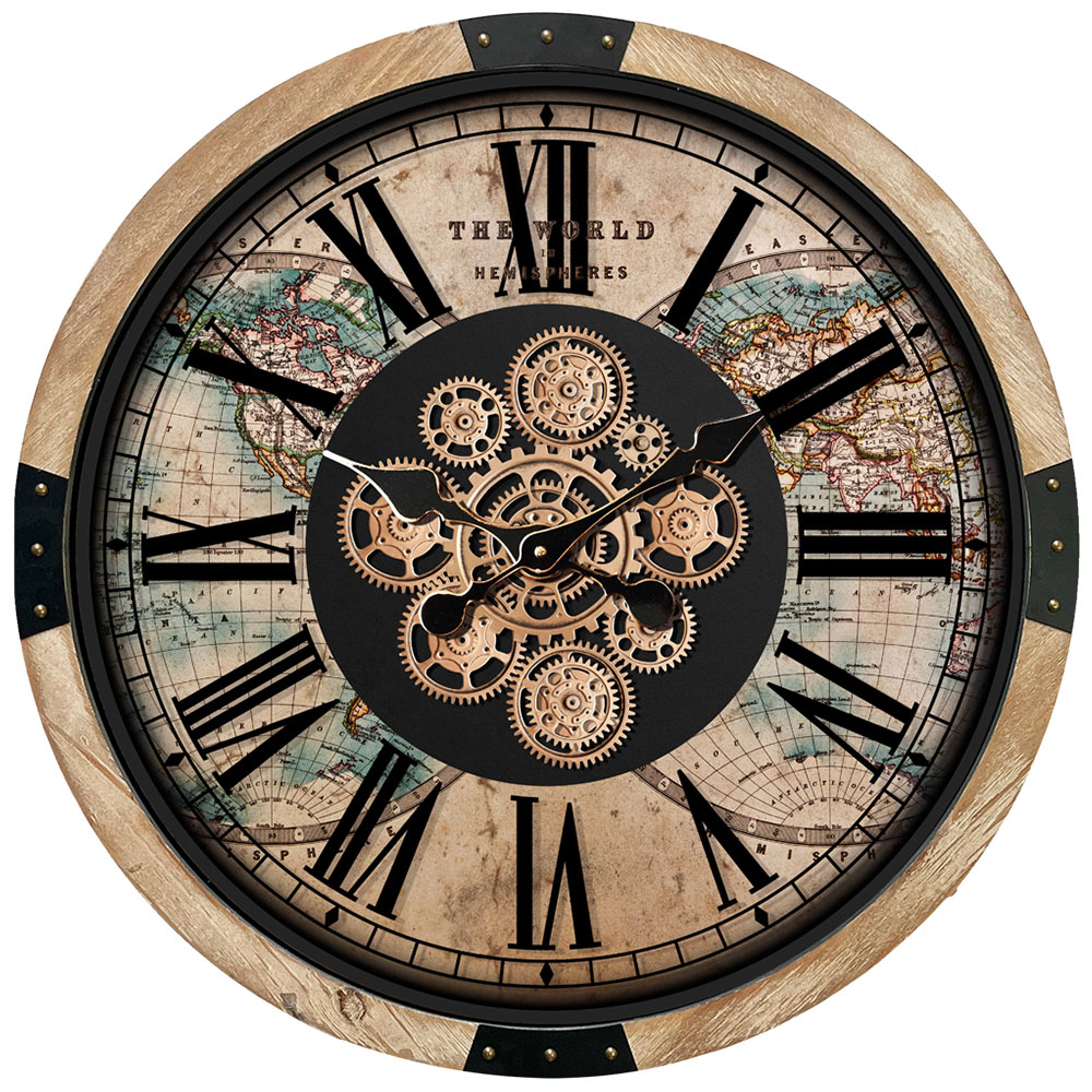 Acacia Home Brown Round Gear Wall Clock 64cm Image 1