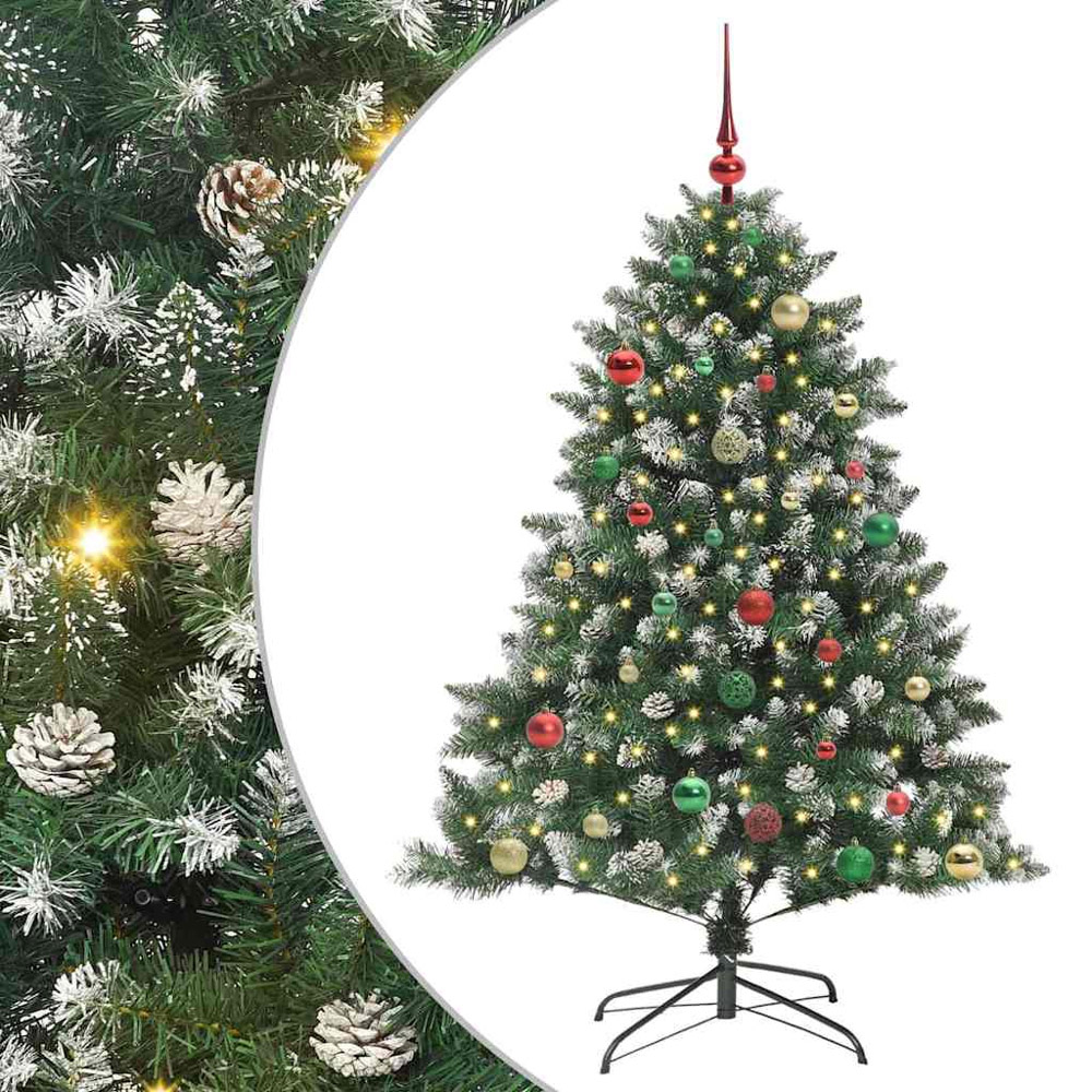 vidaXL Pre-Lit Multicolour Baubles Green Artificial Snow Tipped Christmas Tree 5ft Image 2