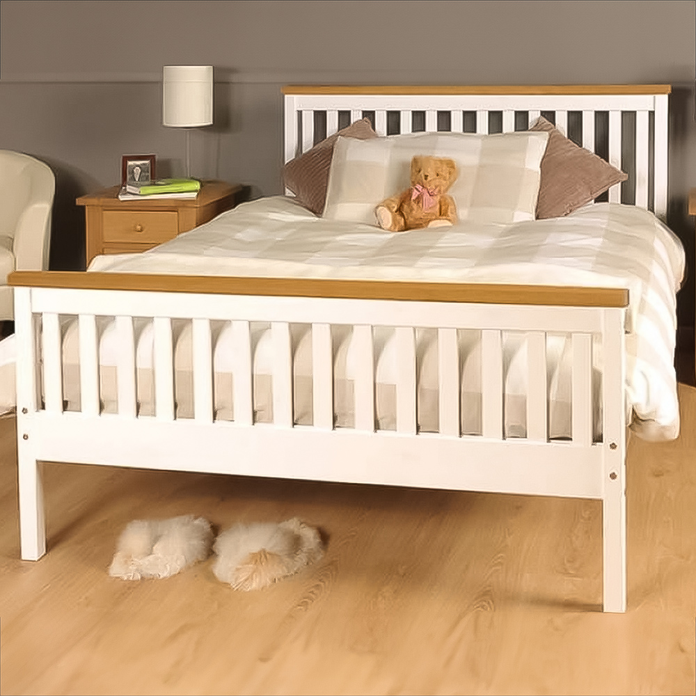 Brooklyn King Size White Wooden Bed Frame with Caramel Bar Image 1
