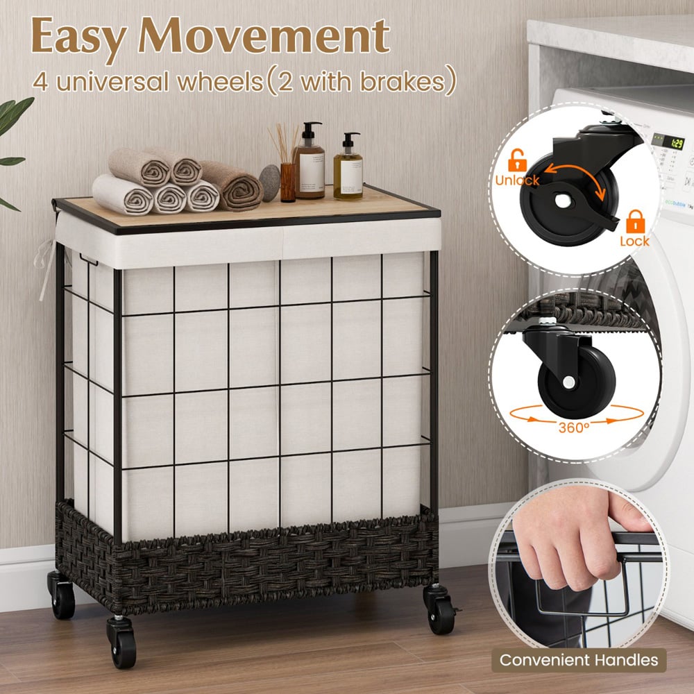 Costway Black Handwoven Rattan Laundry Hamper 110L Image 8