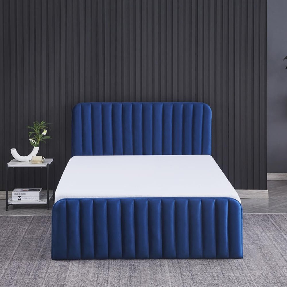 Portland Wave Small Double Blue Velvet Ottoman Bed with Mattress Image 4