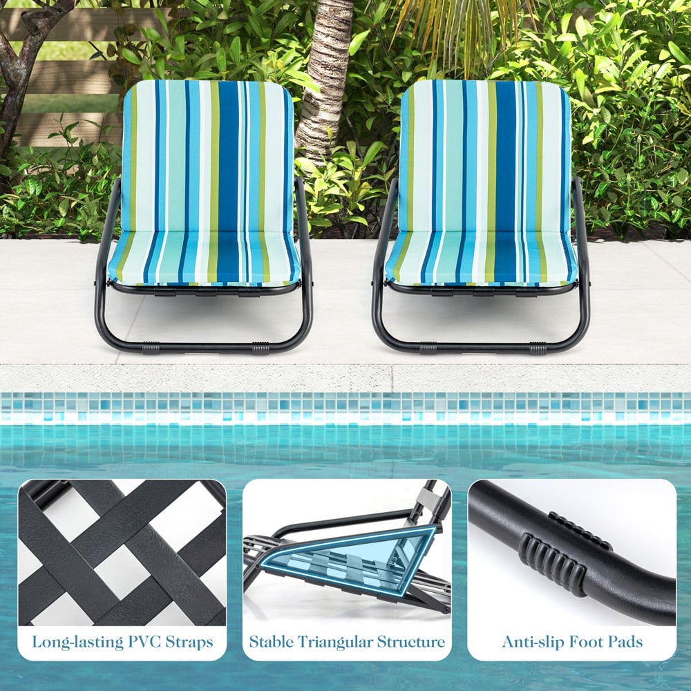 Costway Set of 2 Blue Low Folding Beach Chairs with Cushions Image 6