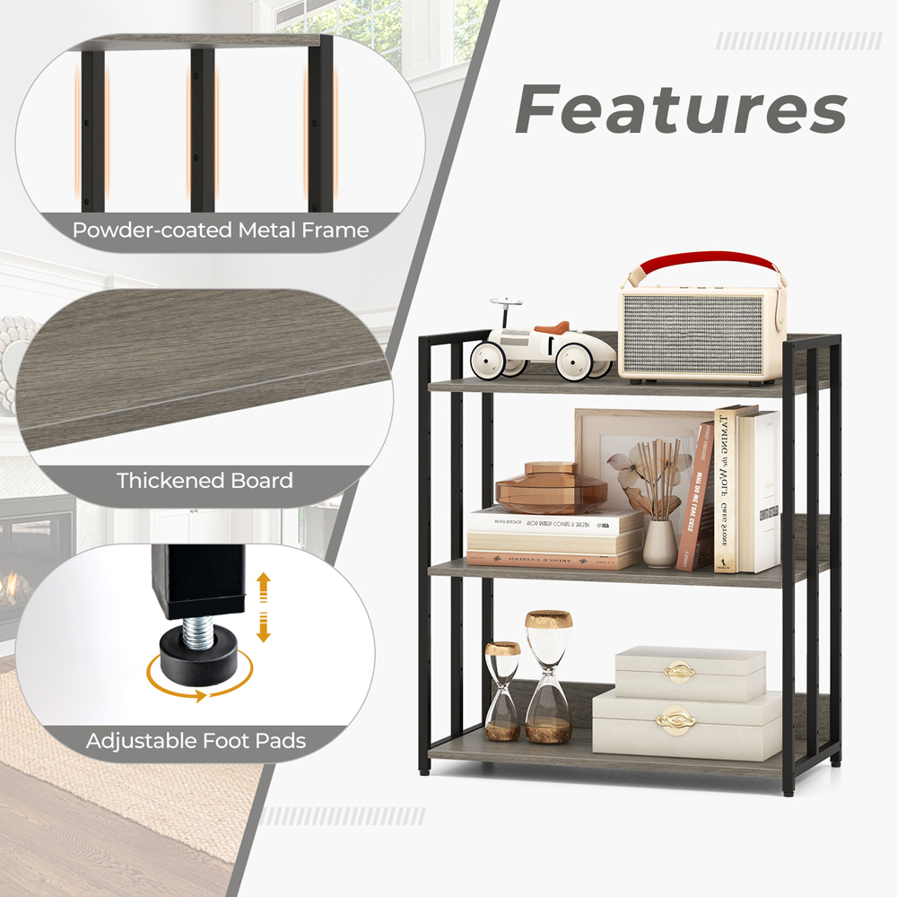 Costway 3 Shelf Grey Metal Frame Bookshelf Image 7