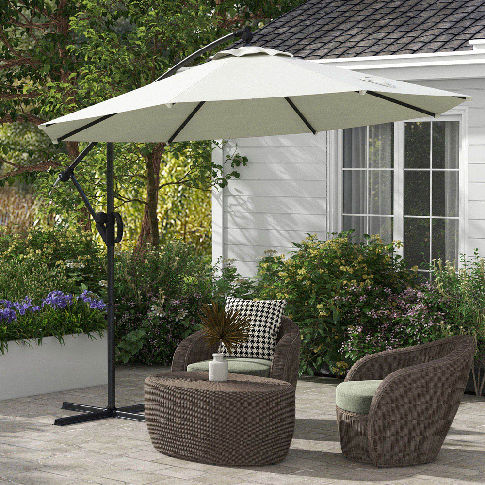 Outsunny White Crank and Tilt Cantilever Banana Parasol with Cross Base 3m Image 2