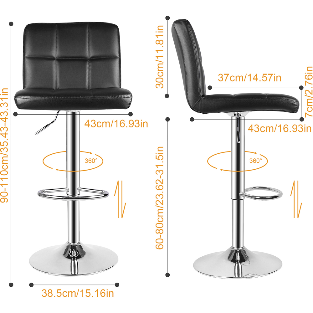 Rattrix Set of 2 Black Leather Height Adjustable Swivel Bar Stools Image 8