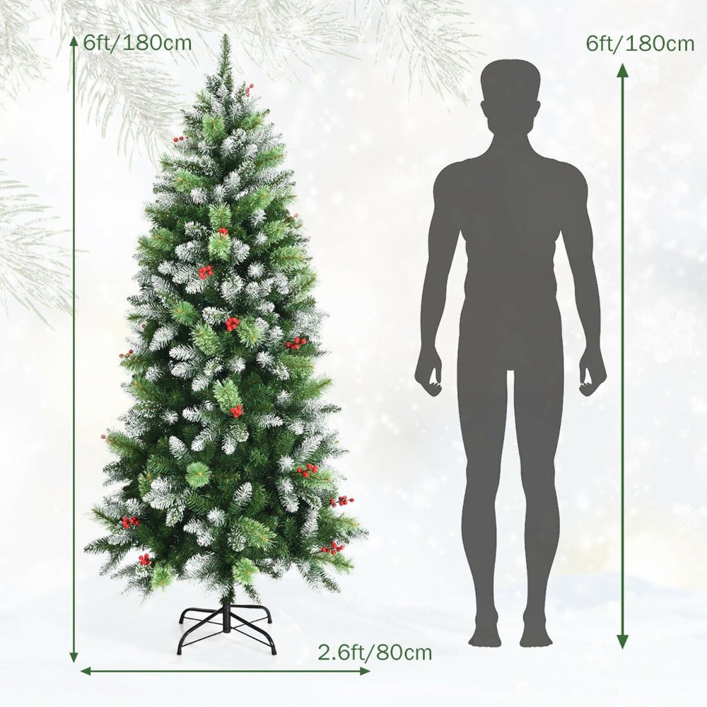 Costway Snow Effect Artificial Christmas Tree with Red Berries 6ft Image 8