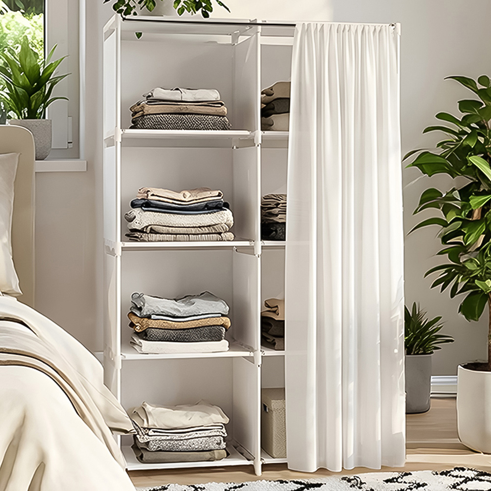 Living and Home 4-Tier White Freestanding Portable Wardrobe with Double-Row Storage and Curtain Image 1