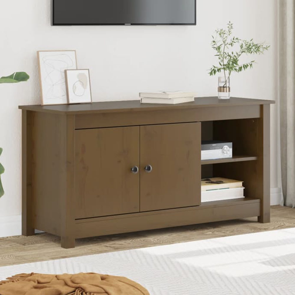 vidaXL 2 Door 2 Shelf Honey Brown Solid Pine TV Cabinet Image 1