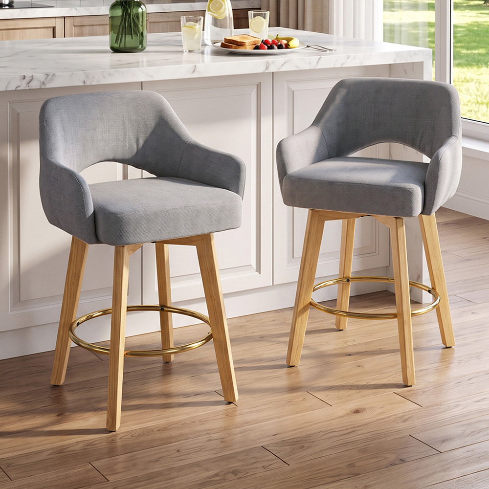 Living and Home Grey Chenille Swivel Bar Stool with Footrest Set of 2 Image 8