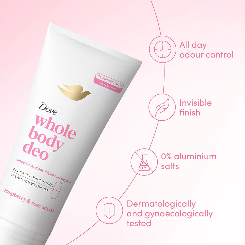 Dove Whole Body Raspberry and Rose Odour Protection Deodorant Cream 75ml 6 Pack Image 7