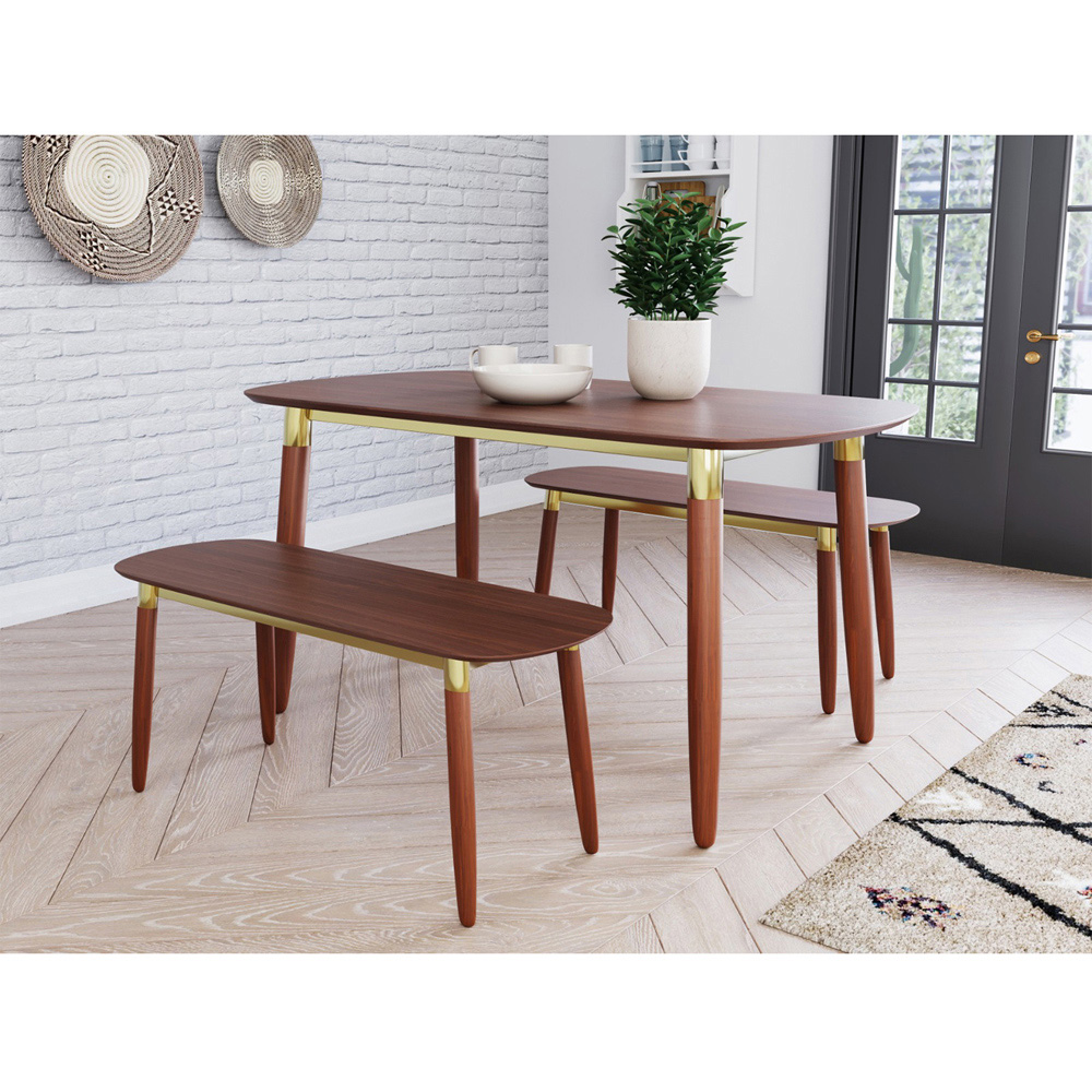 Flair Edelweiss 4 Seater Dining Table and Bench Set Walnut and Brass Image 5