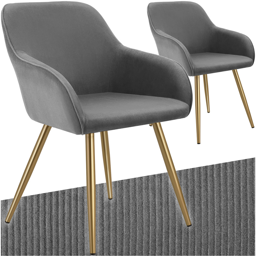tectake Marilyn Set of 2 Grey and Gold Corduroy Padded Dining Chair Image 2