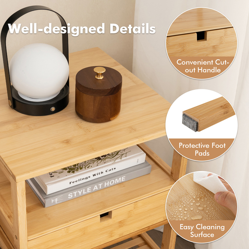 Costway Single Drawer 2 Shelf Natural Bamboo Nightstand Image 7