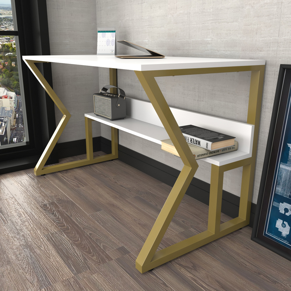 Decorotika Wake Single Shelf Computer Desk Gold and White Image 6