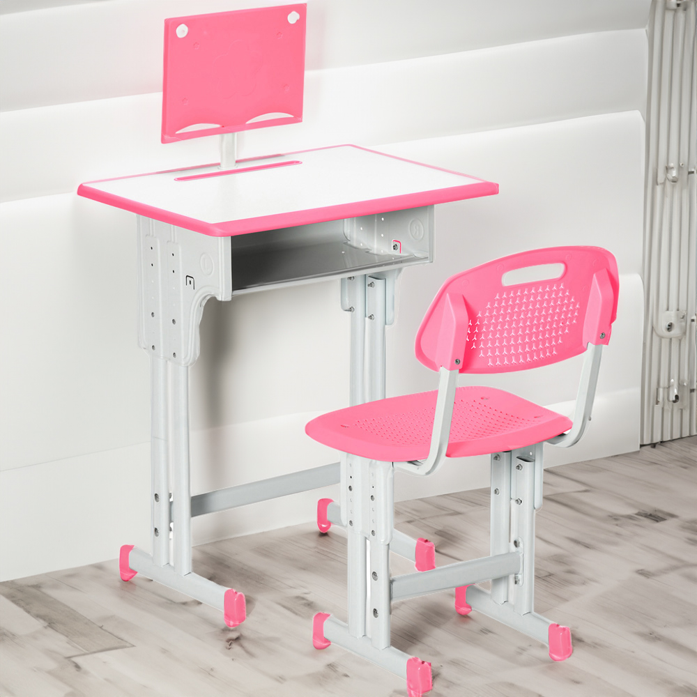HOMCOM Kids Pink and Grey Study Desk and Chair Set Image 1