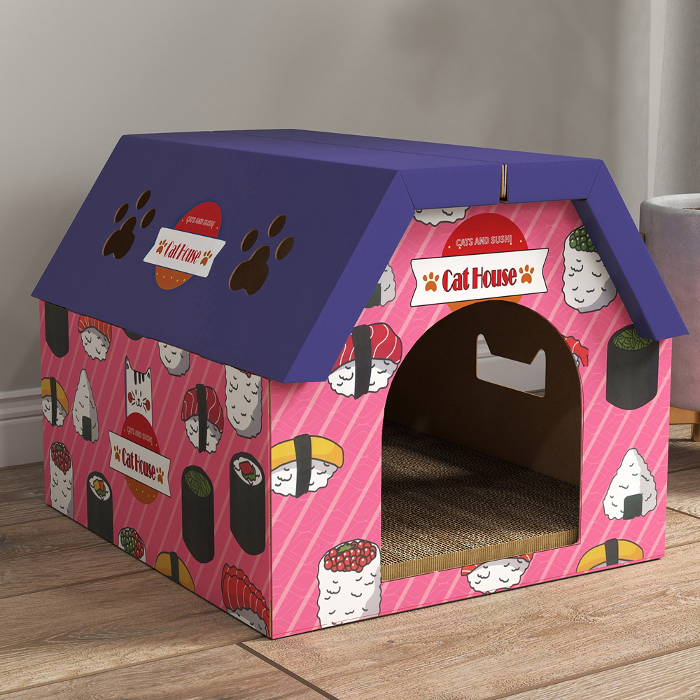 PawHut 2-in-1 Pink Cat Scratching Board House Image 2