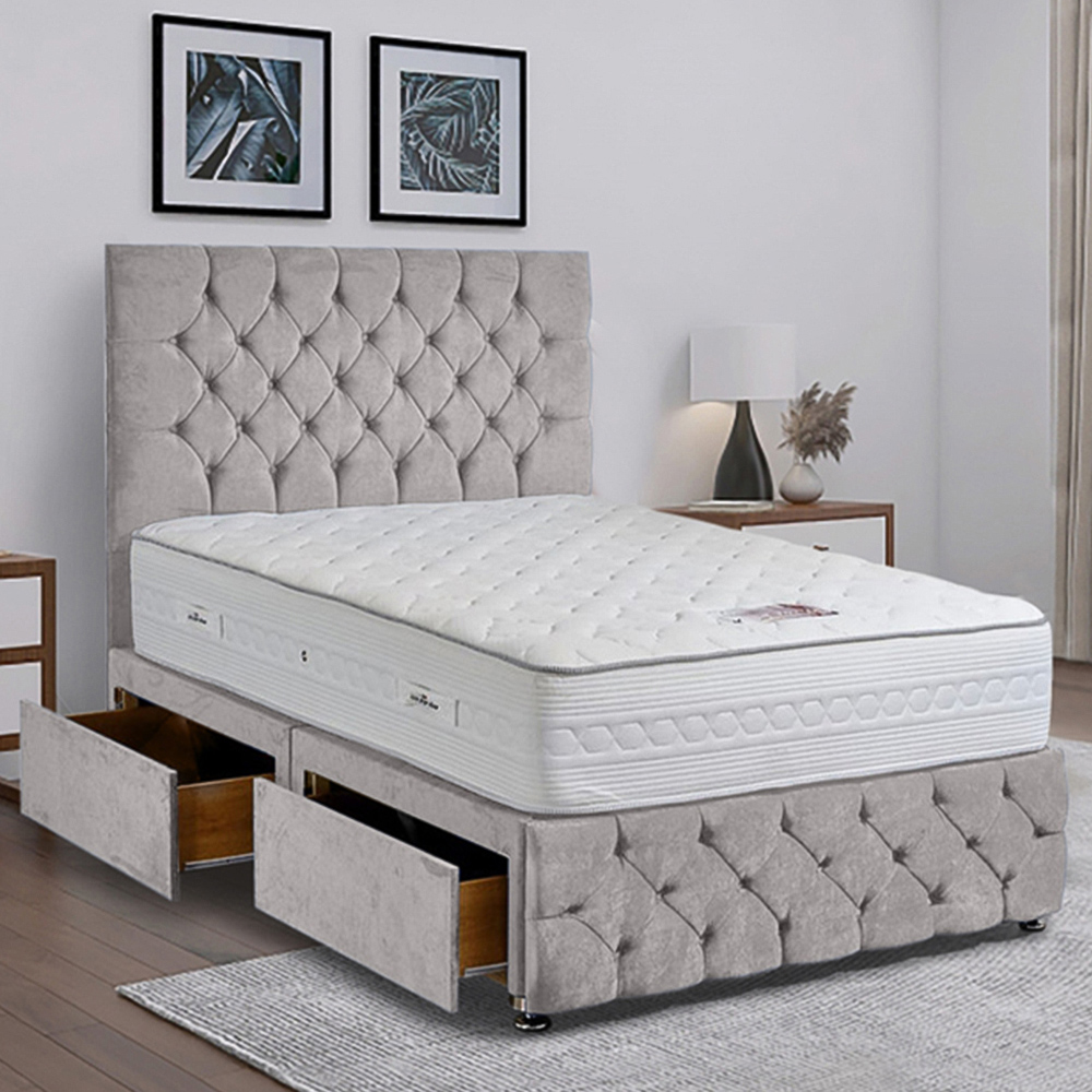Eleganza Home Comfyzone King Size Silver Plush Velvet Divan Bed with Chesterfield Headboard Image 1